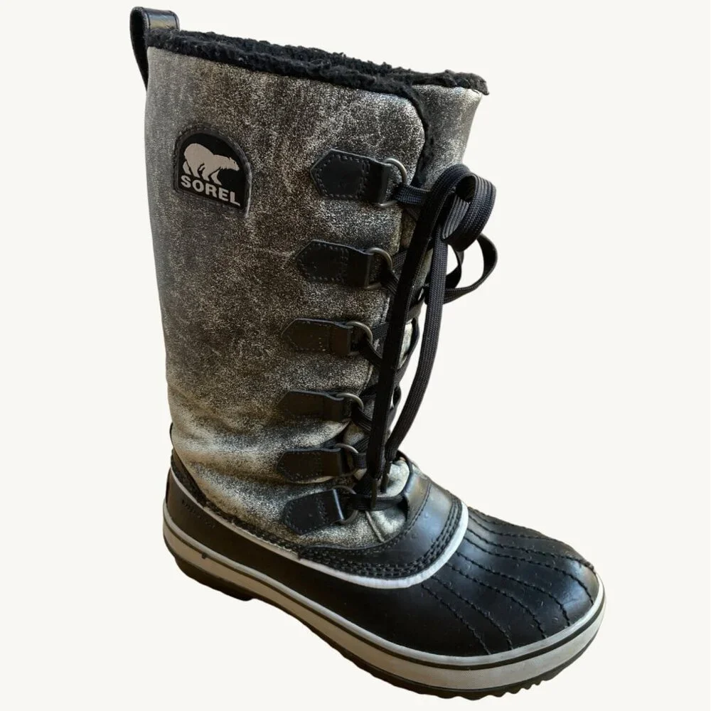 Sorel size 6US Tivoli Gray Leather Lace Up Tall Winter Waterproof Boots